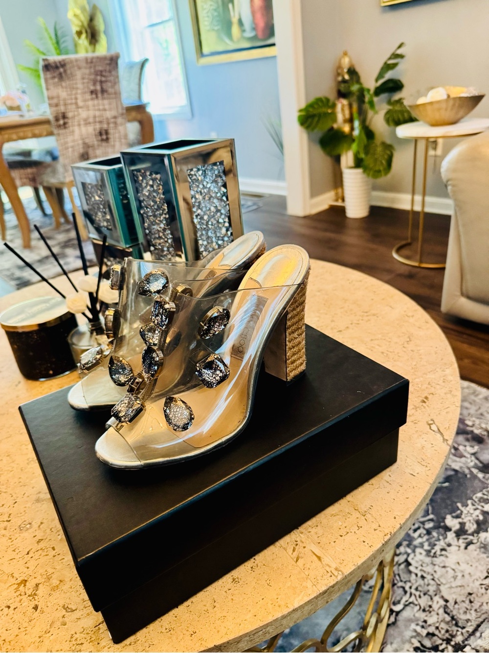 Jimmy Choo Crystal Embellished PVC Mule Heels Sandals Silver - Picture 4 of 5